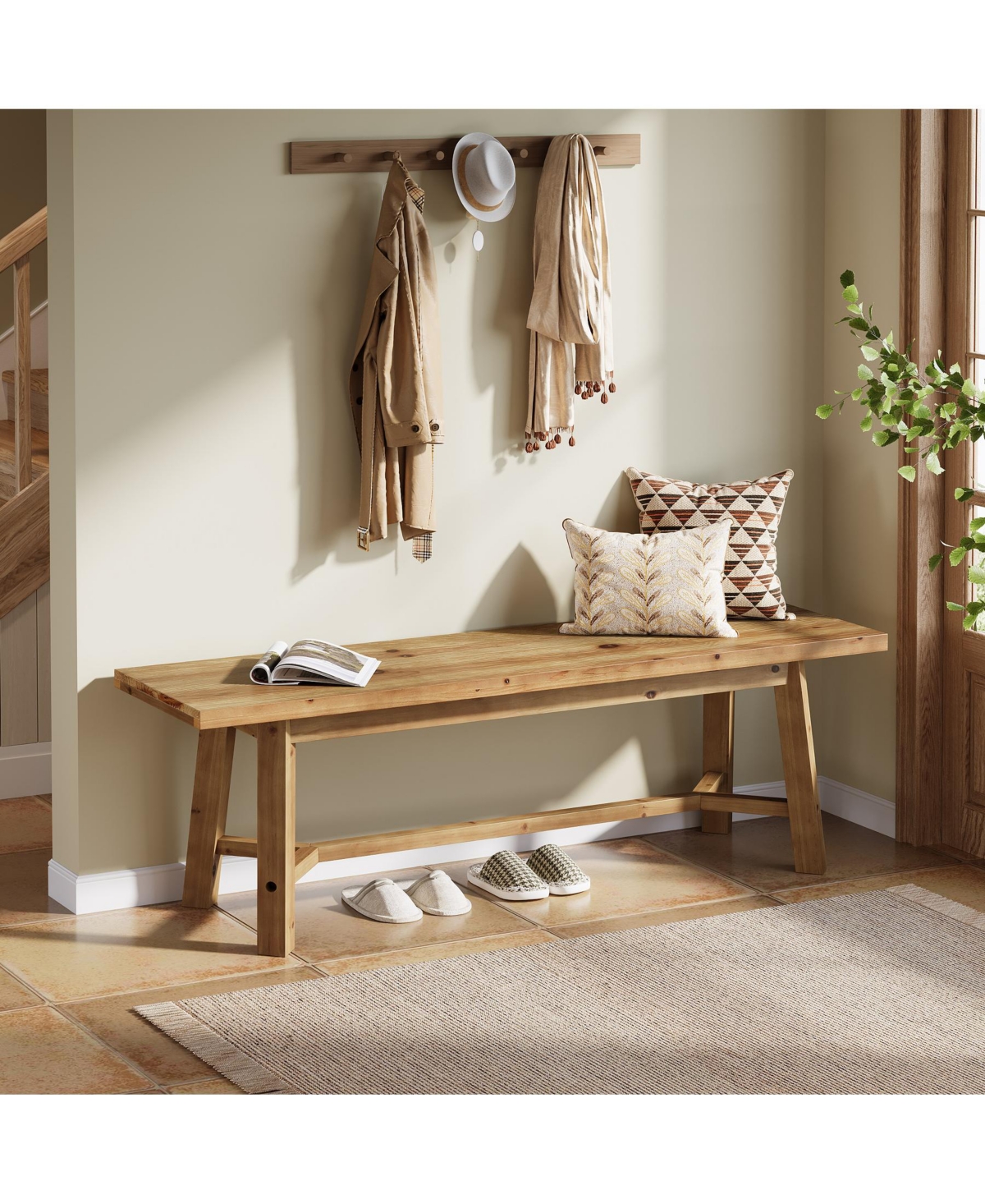 Tribesigns 55" Solid Wood Bench, Farmhouse Bench Seat for Entryway