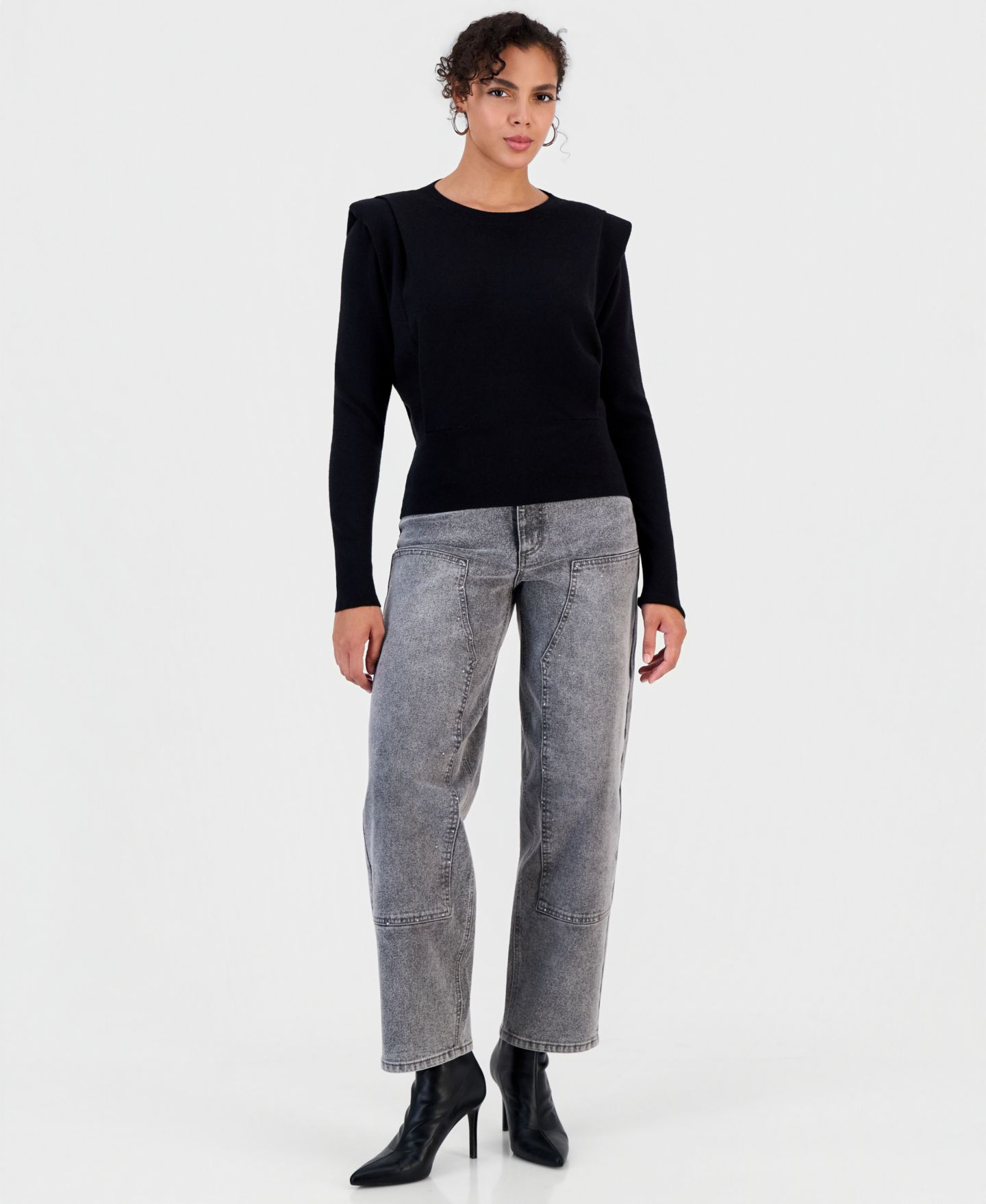 Женский свитер Bar III Shoulder-Pad Long-Sleeve Crewneck, цвет: Чёрный — фото 2