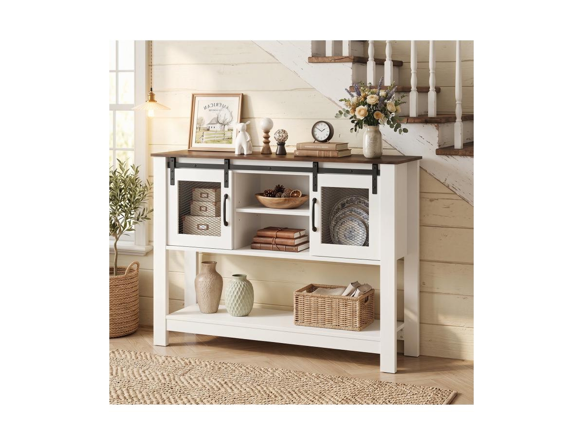 Sugift Farmhouse Console Table with Sliding Barn Doors and 4 Storage Compartments
