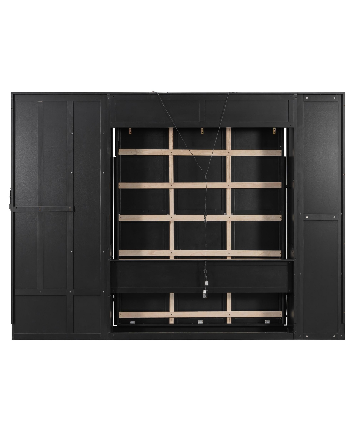 Clihome Queen Murphy Bed with Storage and Lights, Hidden Fold-Out Legs, Oak Veneer Finish, Built-in Shelves Cabinets