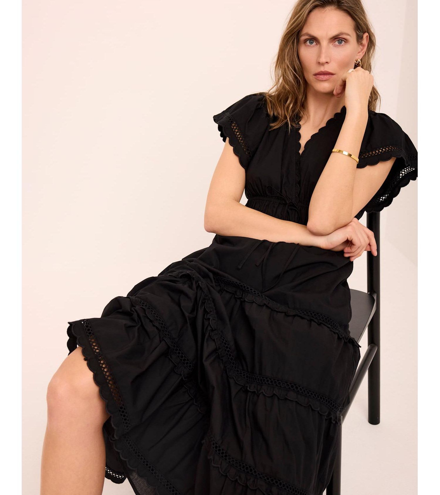 Women's V-Neck Short-Sleeve Ruffle Cotton Maxi Dress