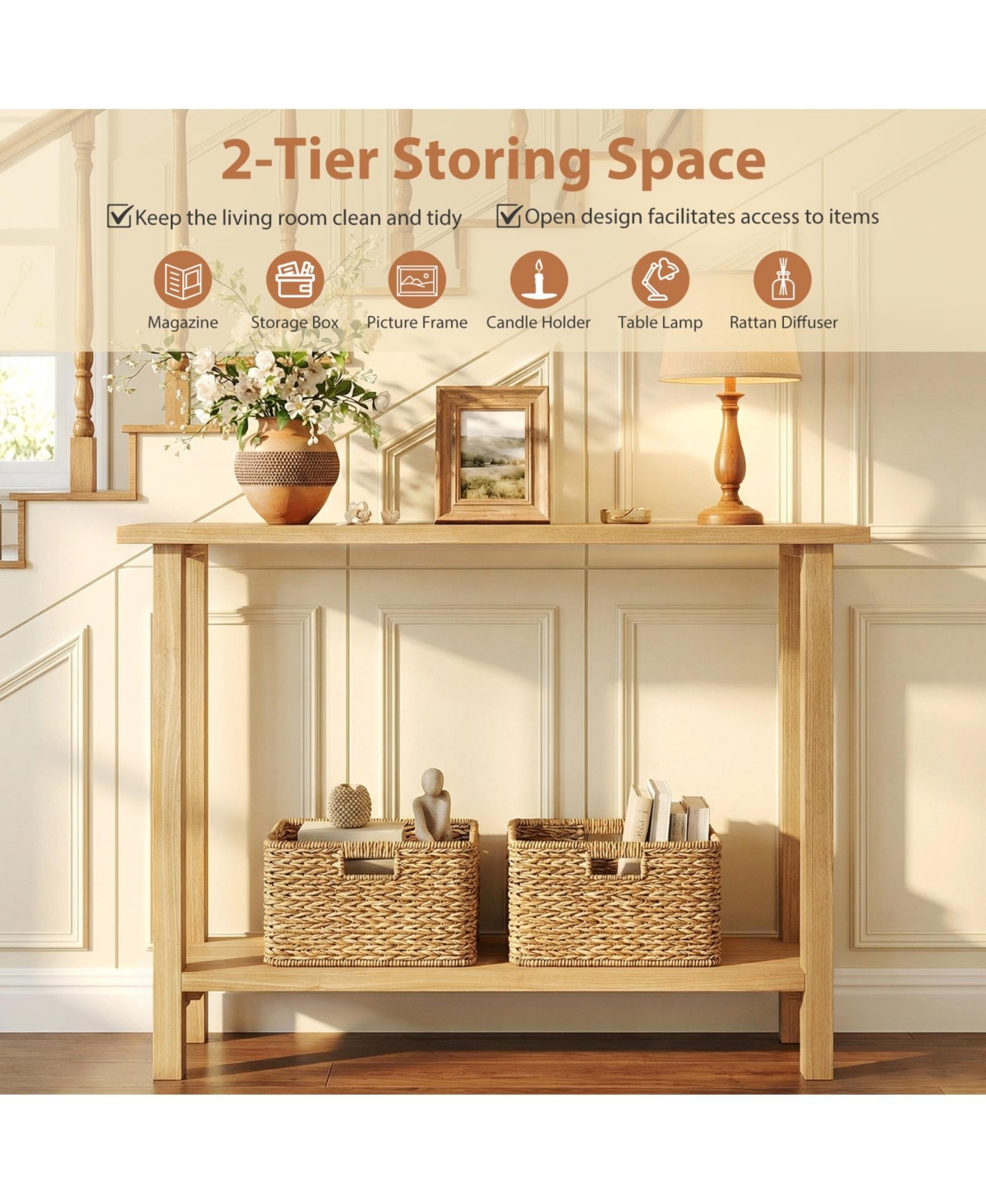 Slickblue 47" Console Table with Teak Wood Frame and Bottom Shelf
