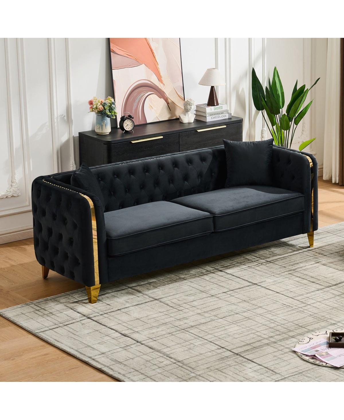 Streamdale Furniture 81" Velvet Chesterfield Sofa with Gold Legs