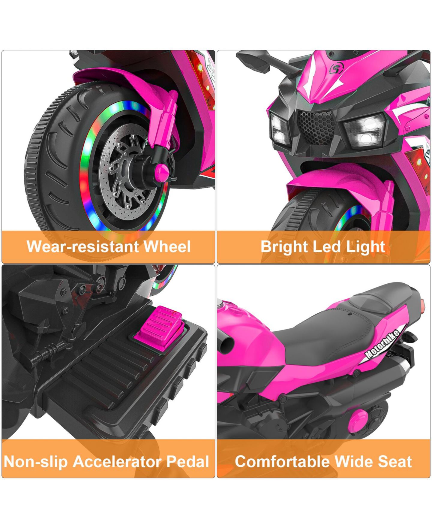 Детская игрушка SEVORLEY 12V Kids Electric Ride-On Motorcycle with Music, Training Wheels, Rechargeable, Ages 3-6, цвет: Розовый — фото 5