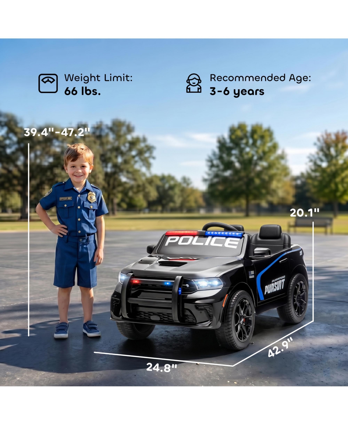 Qaba 12V Licensed Dodge Police Car 2-Seater Ride-On, Ages 3-6