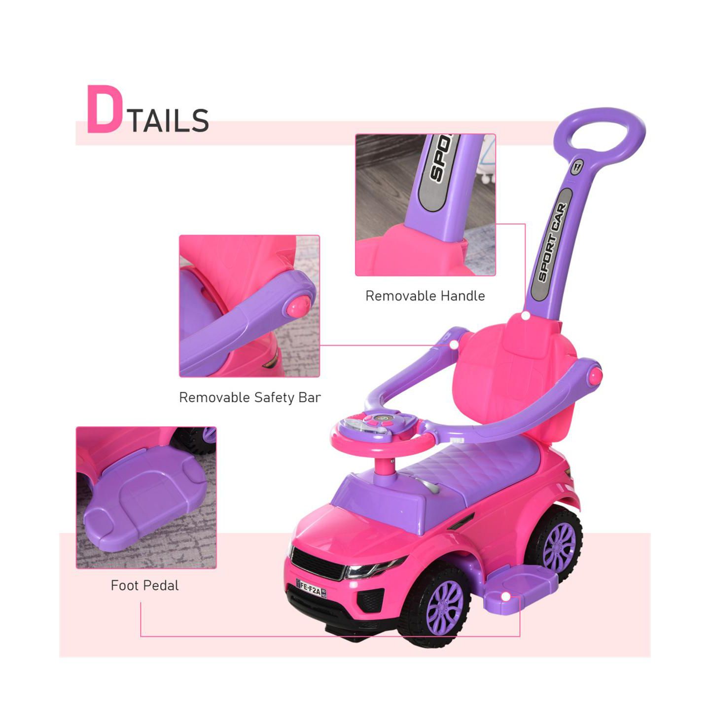 Детская игрушка YOBTOP 3-In-1 Ride On Push Car with Steering Wheel, Horn and Music, Metal, 55 lbs. Capacity, Ages 1-3 Years — фото 6