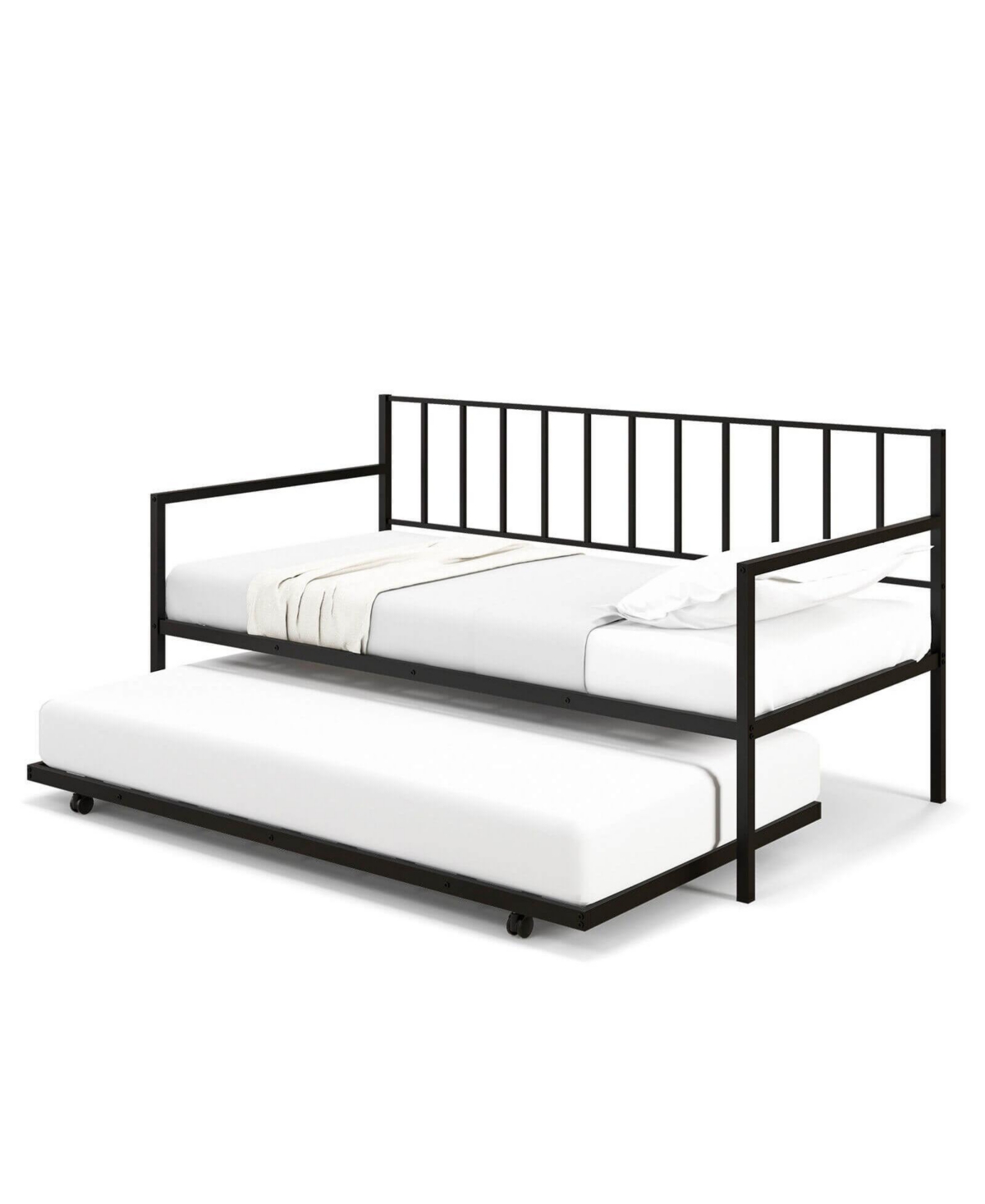 Mecale Twin Daybed with Roll-Out Trundle, Metal Sofa Bed Frame Set - Black