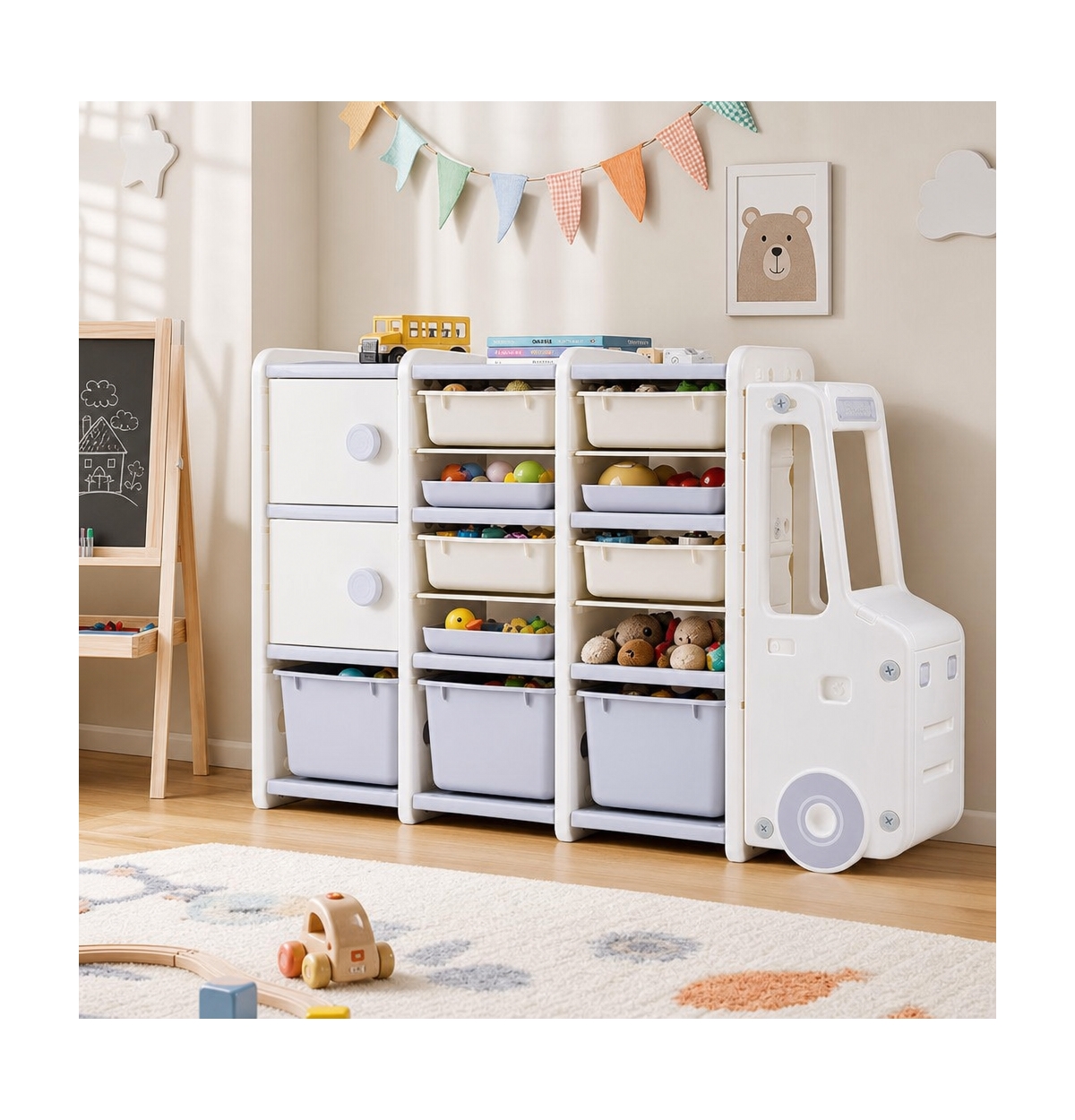 Sugift Truck Shaped Kids Toy Storage Organizer with 11 Removable Bins and 2 Cabinets
