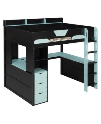 Full Size Wooden Gaming Loft Bed with U-Shaped Desk,Multi-Functional High Sleeper with 3 Drawers and Storage Shelves for Teens Adults