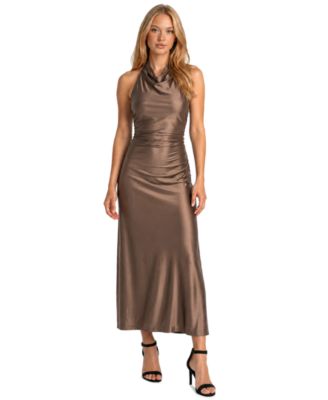 Juniors' Cowl-Neck Halter Open-Back Gown