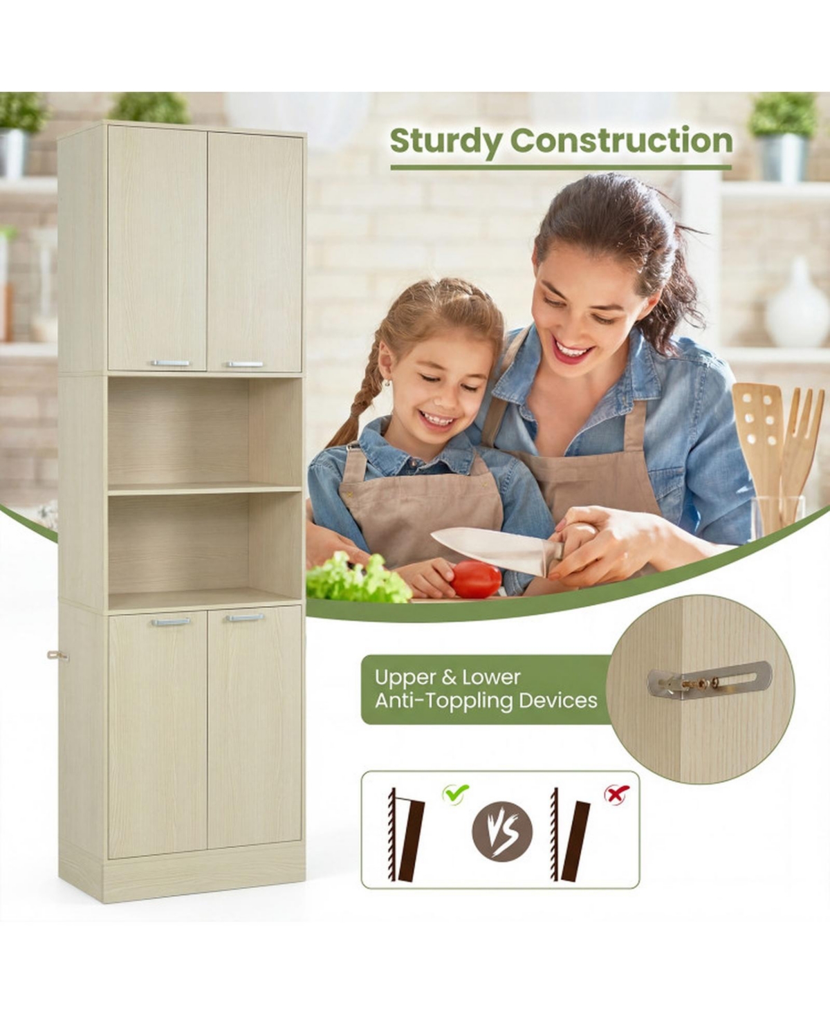 Sugift 75 Inch Tall Kitchen Pantry Cabinet Freestanding Cupboard with Double Doors and Open Shelves
