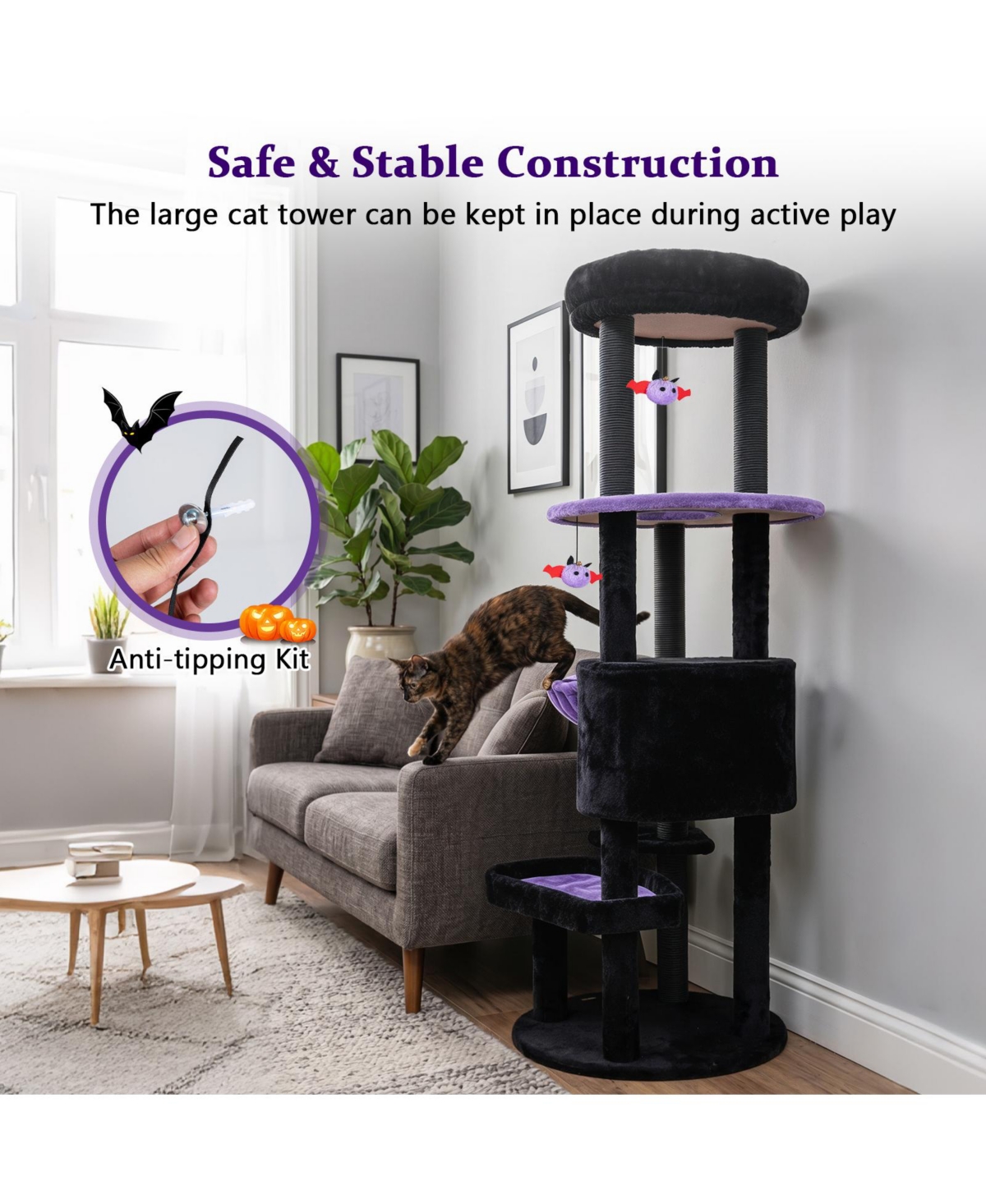 Gymax Gothic Cat Tree for Indoor Cats 60'' Cat Tower with Plush Perch Condo Hammock