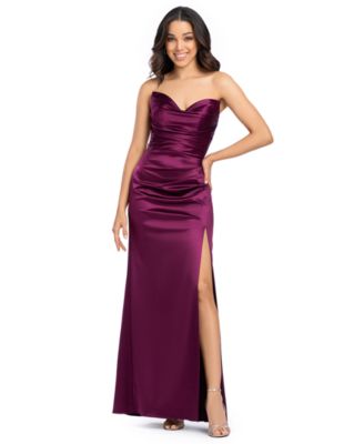 Juniors' Long Strapless Glam Satin Slim Gown
