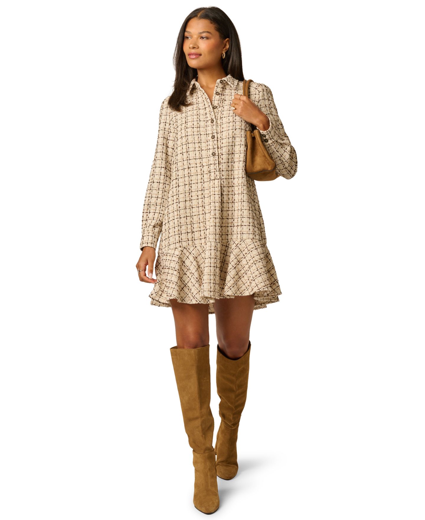 Женское платье Adrianna Papell Hailey Tweed Long-Sleeve Ruffled-Hem Shirt Dress, цвет: Parchment — фото 2
