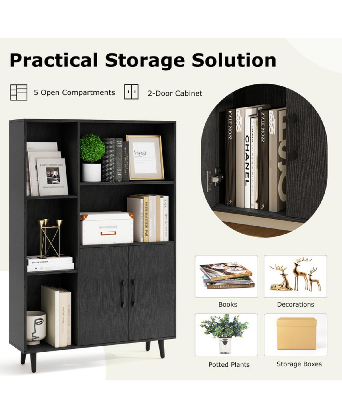 Sugift 47 Inch Floor Bookshelf with 5 Open Compartments and 2-Door Storage Cabinet