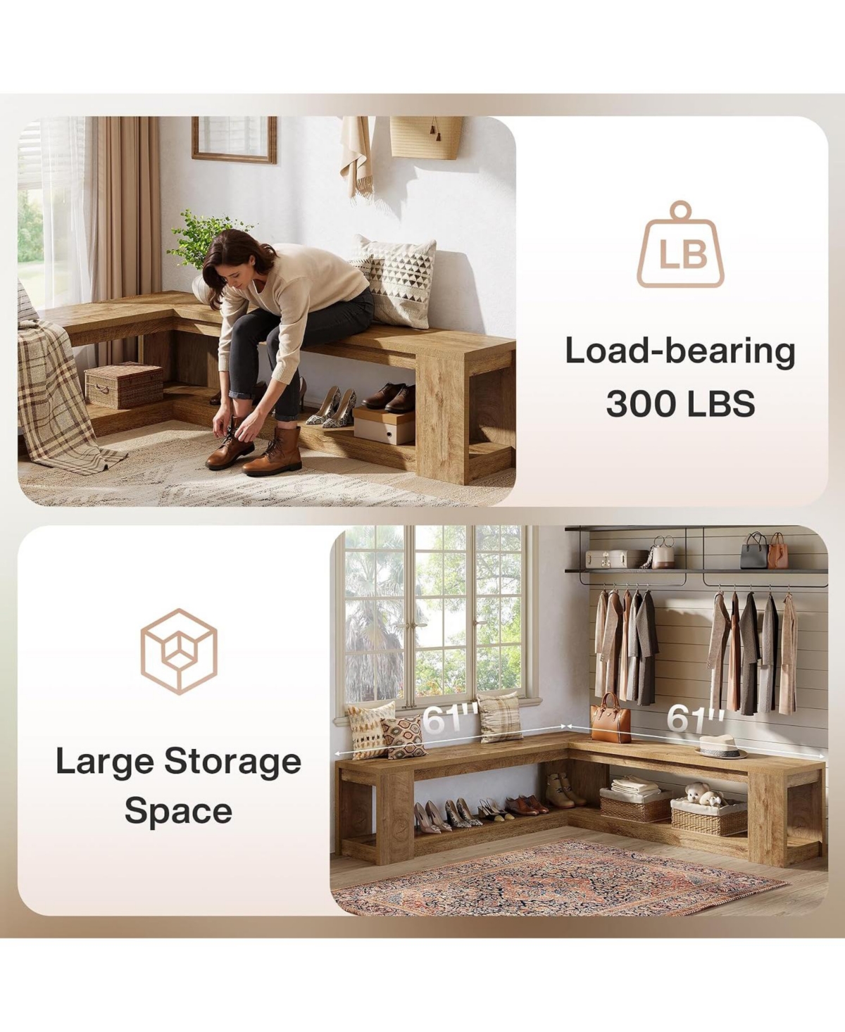 Tribesigns L-Shaped Corner Bench:61" breakfast nook bench with storage.Farmhouse wooden dining bench with shelf for living room,entryway. Backless
