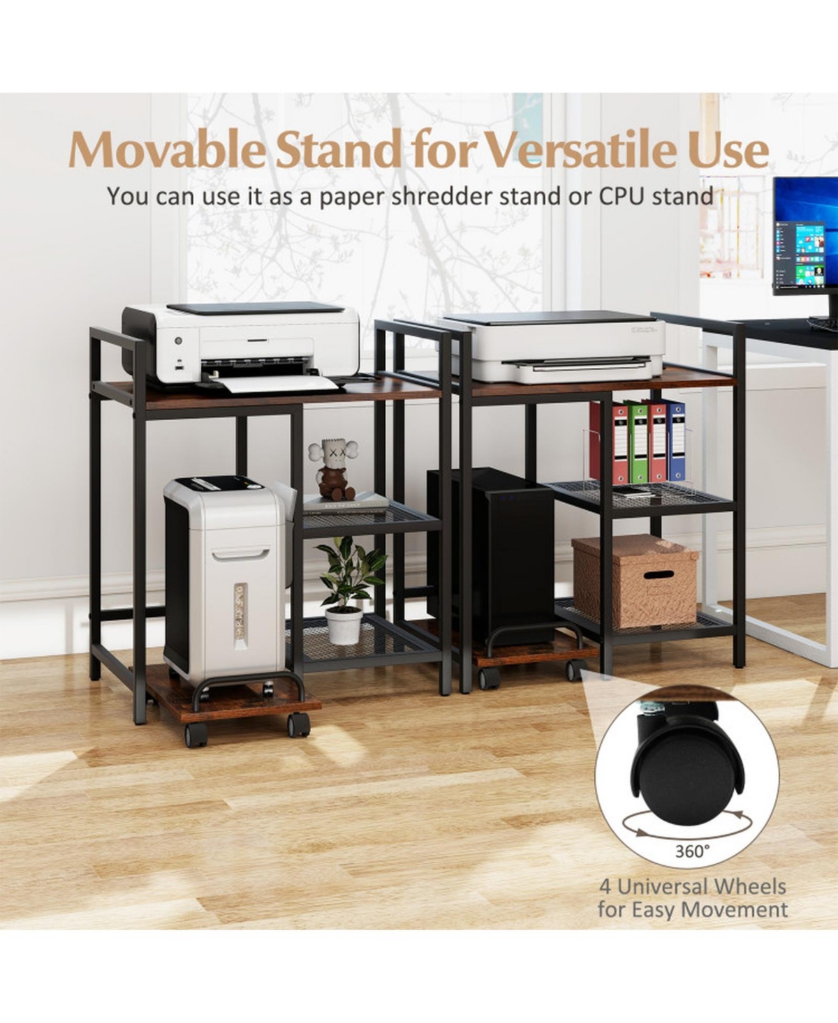 Sugift Rolling Printer Stand with Charging Station and 2-Tier Mesh Storage Shelves
