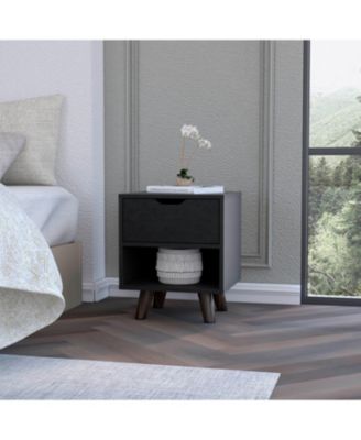1-Drawer Nightstand with Open Shelf and Wooden Legs