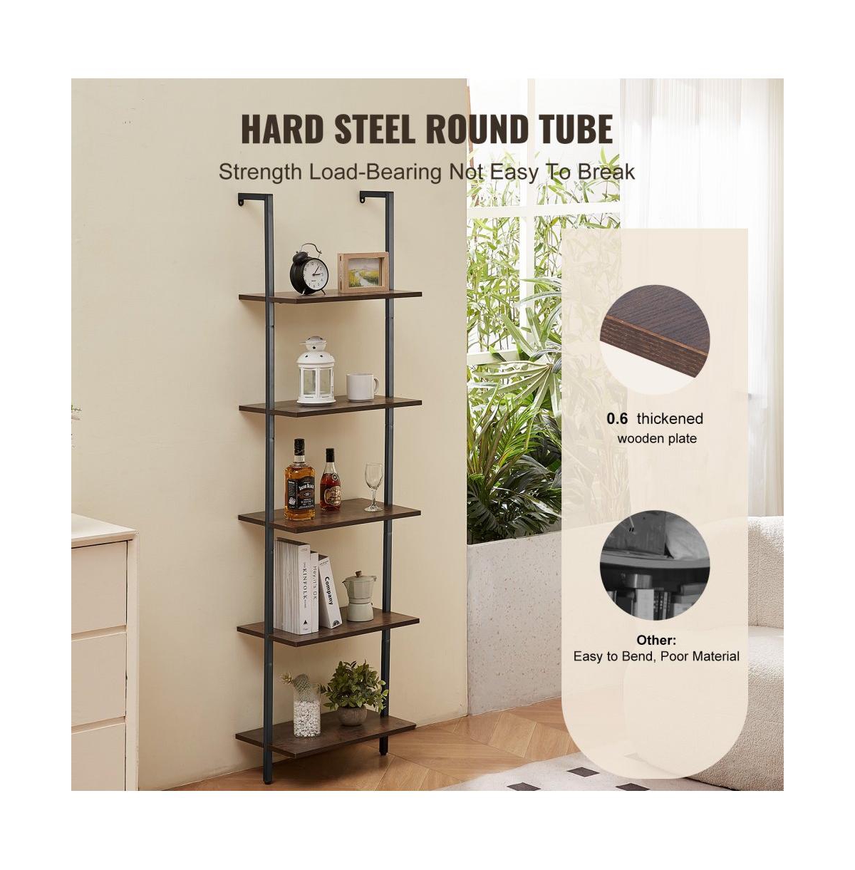 Slickblue Wall Mounted 5-Tier Ladder Bookshelf with Open Shelves and Metal Frame for Living Room