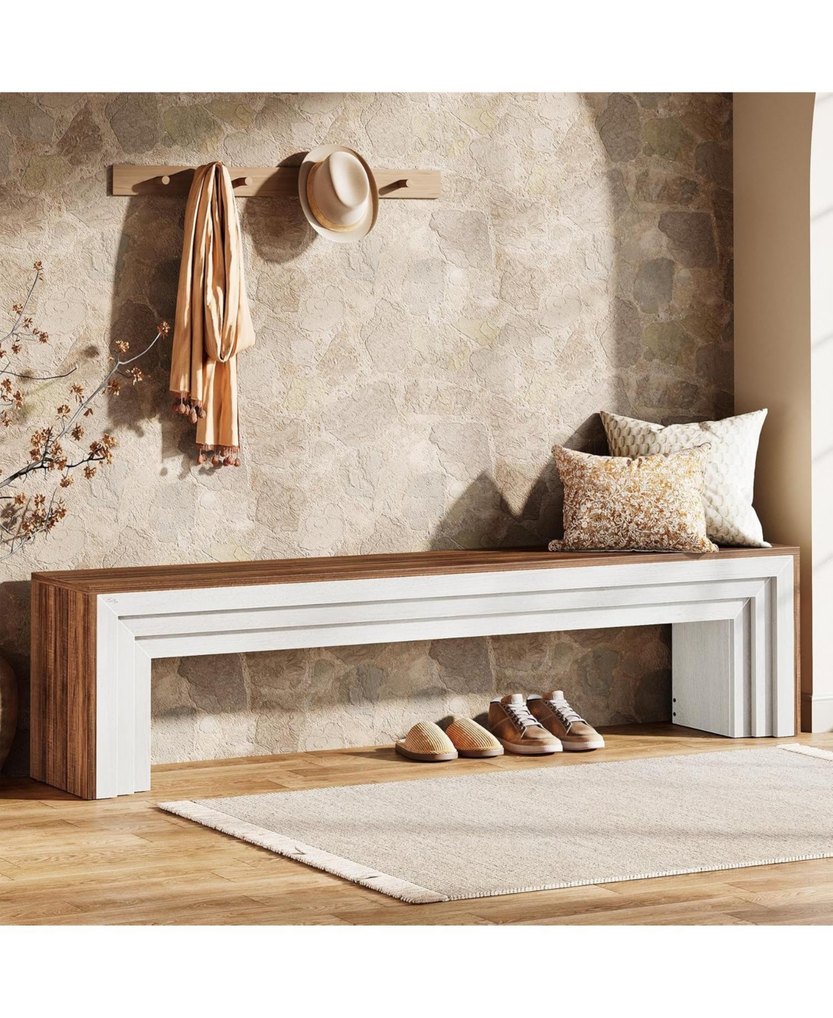 Tribesigns 71" Extra Long Entryway Bench, Modern Farmhouse Shoe Bench Wooden Indoor Seating with Layered Design for Hallway - Brown  white