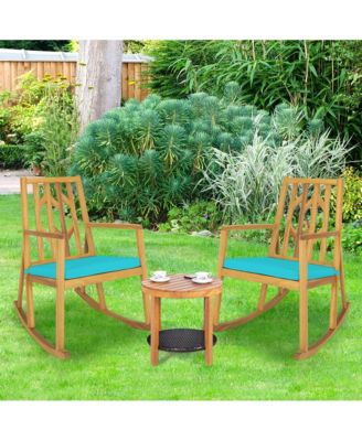 2 Piece Patio Rocking Chair Acacia Wood Armrest Cushioned Sofa Garden Deck