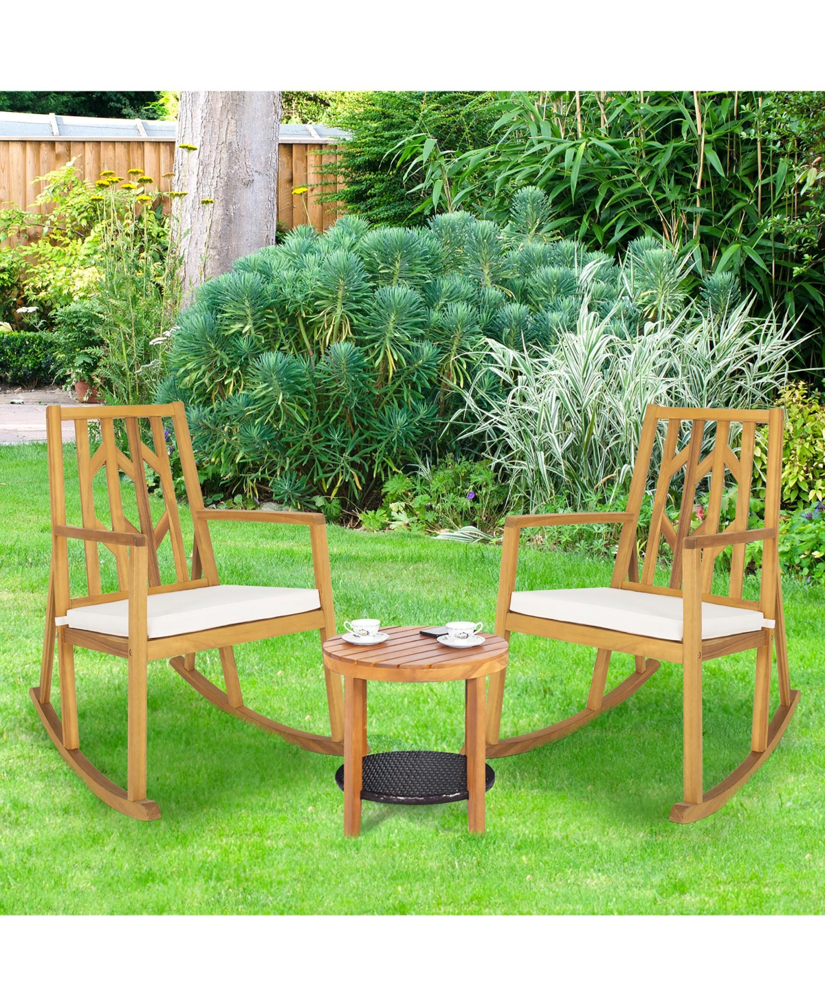 Costway 2 Piece Patio Rocking Chair Acacia Wood Armrest Cushioned Sofa Garden Deck - White