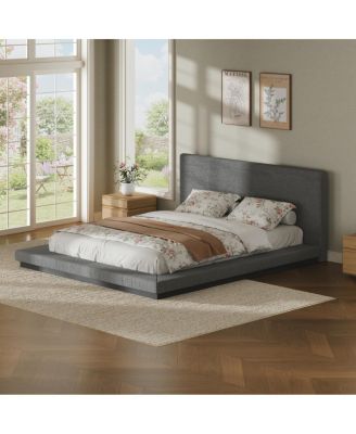  Queen Floating Modern Bed Frame with Padded Headboard and Metal Slats