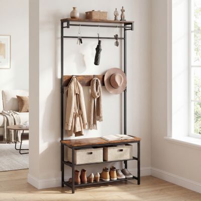 4-in-1 Hall Tree with Shoe Bench Hanging Rod and Removable Hooks