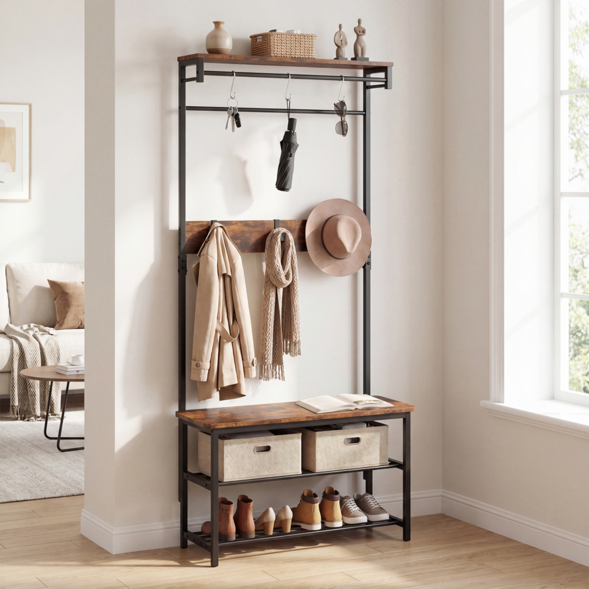 Sugift 4-in-1 Hall Tree with Shoe Bench Hanging Rod and Removable Hooks