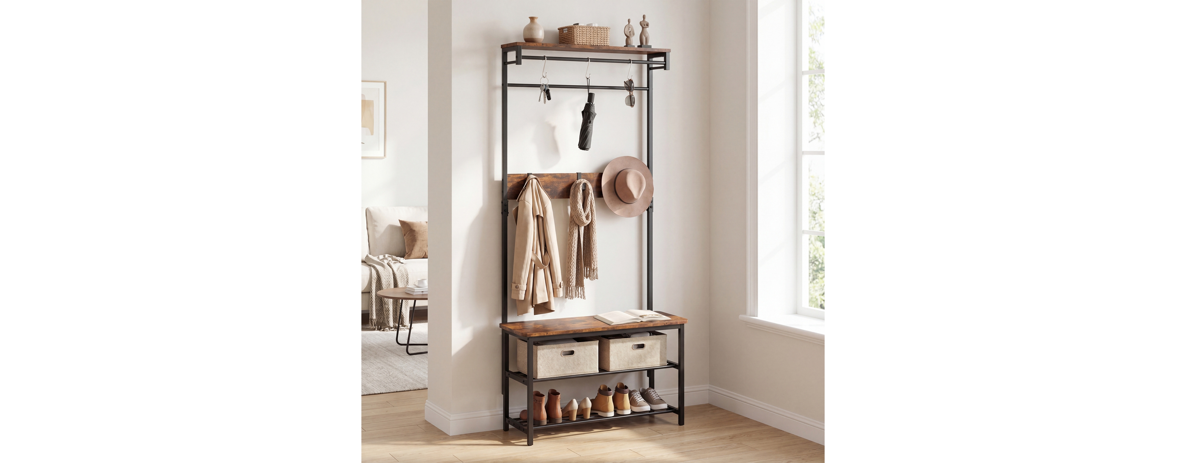 Sugift 4-in-1 Hall Tree with Shoe Bench Hanging Rod and Removable Hooks