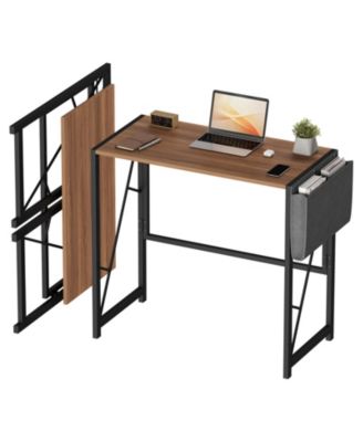 Folding Computer Desk with Side Storage Bag and Accessory Hook, Compact Modern Home Office Workstation, Space-Saving Writing Desk