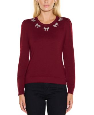 Women's Puff Sleeve Embellished Neckline Sweater