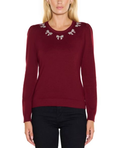Женский свитер Belldini Puff Sleeve Embellished Neckline, цвет: Клюквенный