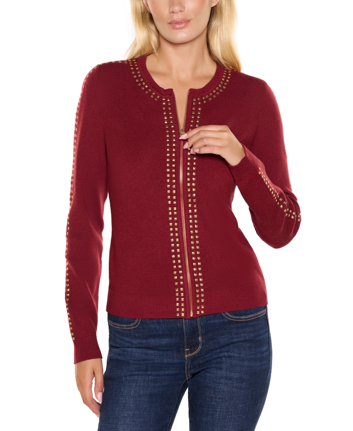 Belldini Women's Black Label Crewneck Embellished Zip Cardigan Sweater - Cranberry/Gold