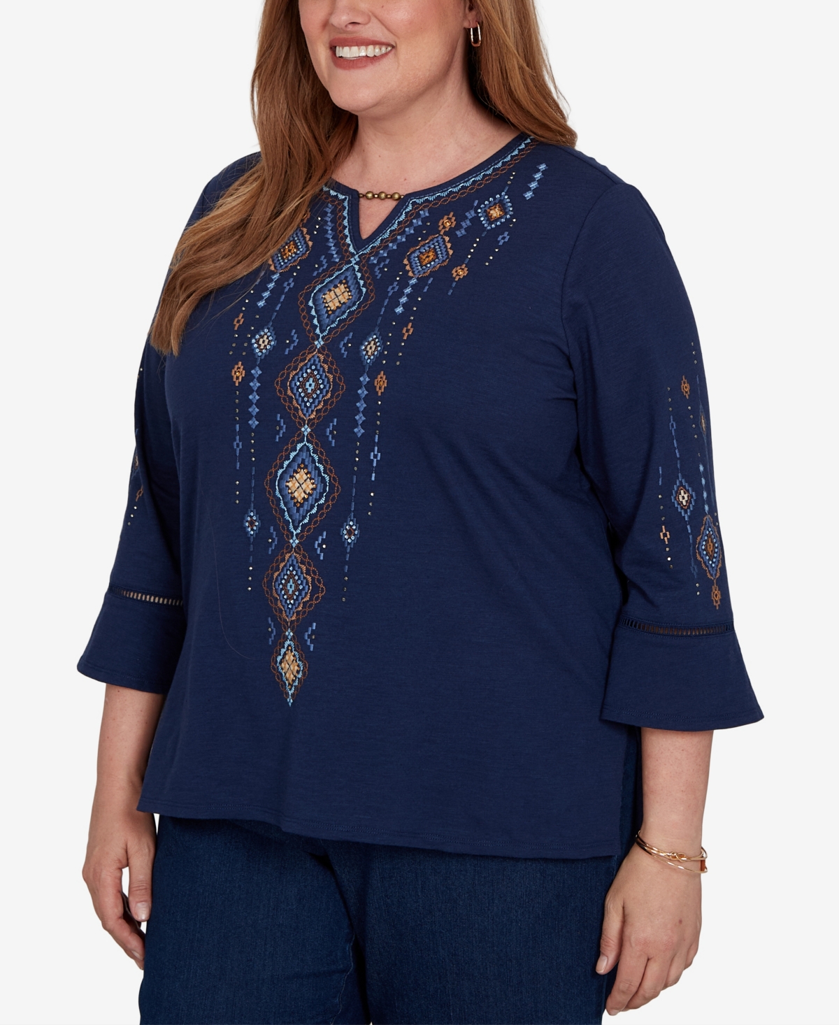 Alfred Dunner Plus Keyhole Neck 3/4-Length Bell-Sleeve Top