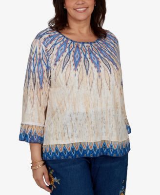 Plus Size Ikat-Print Scoop-Neck 3/4-Sleeve Blouse
