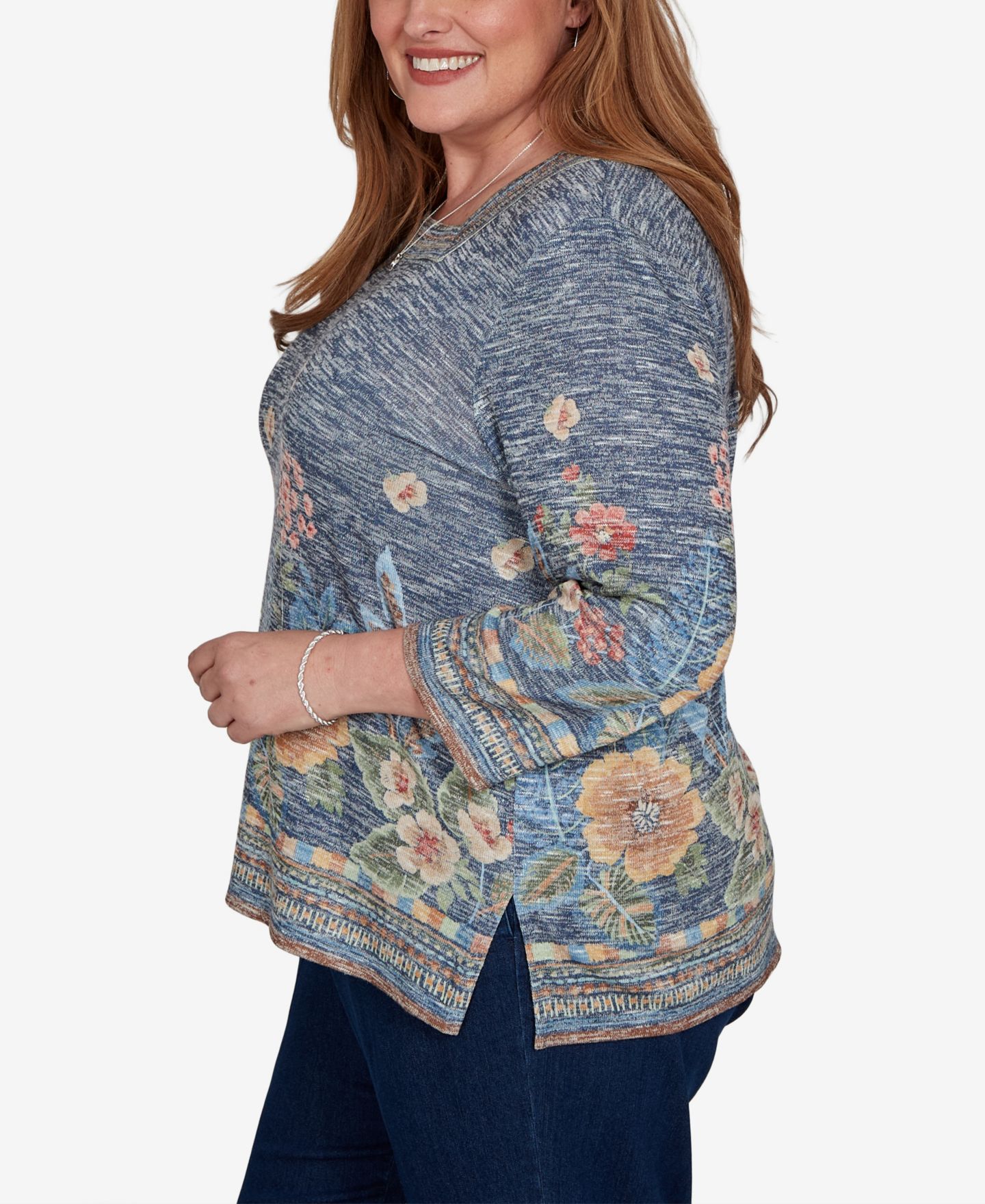 Женский топ Alfred Dunner Plus Size Floral 3/4-Sleeve Square-Neck, цвет: Джинсовый — фото 4
