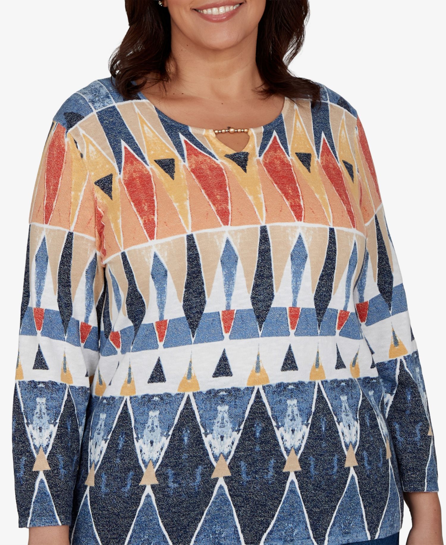 Plus Size 3/4-Sleeve Geometric-Print Keyhole Pullover Sweater