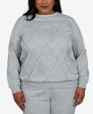 Plus Size Crewneck Long-Sleeve Argyle With Rhinestone Embellishments Top