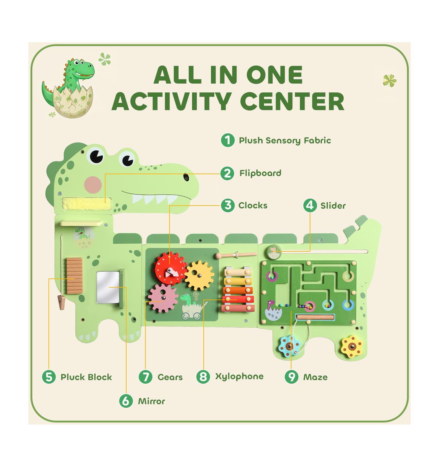 Детская игрушка Qaba Dinosaur Wall-Mounted Busy Board, Music and Sensory Learning, Ages 2+, цвет: Зелёный — фото 4