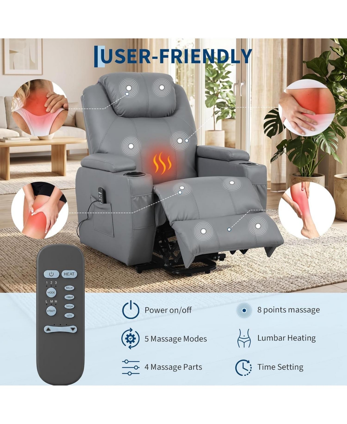 gaomon Electric Power Lift Recliner Chair with Heat and 8-Point Massage, Pu Leather, Storage and Cup Holders