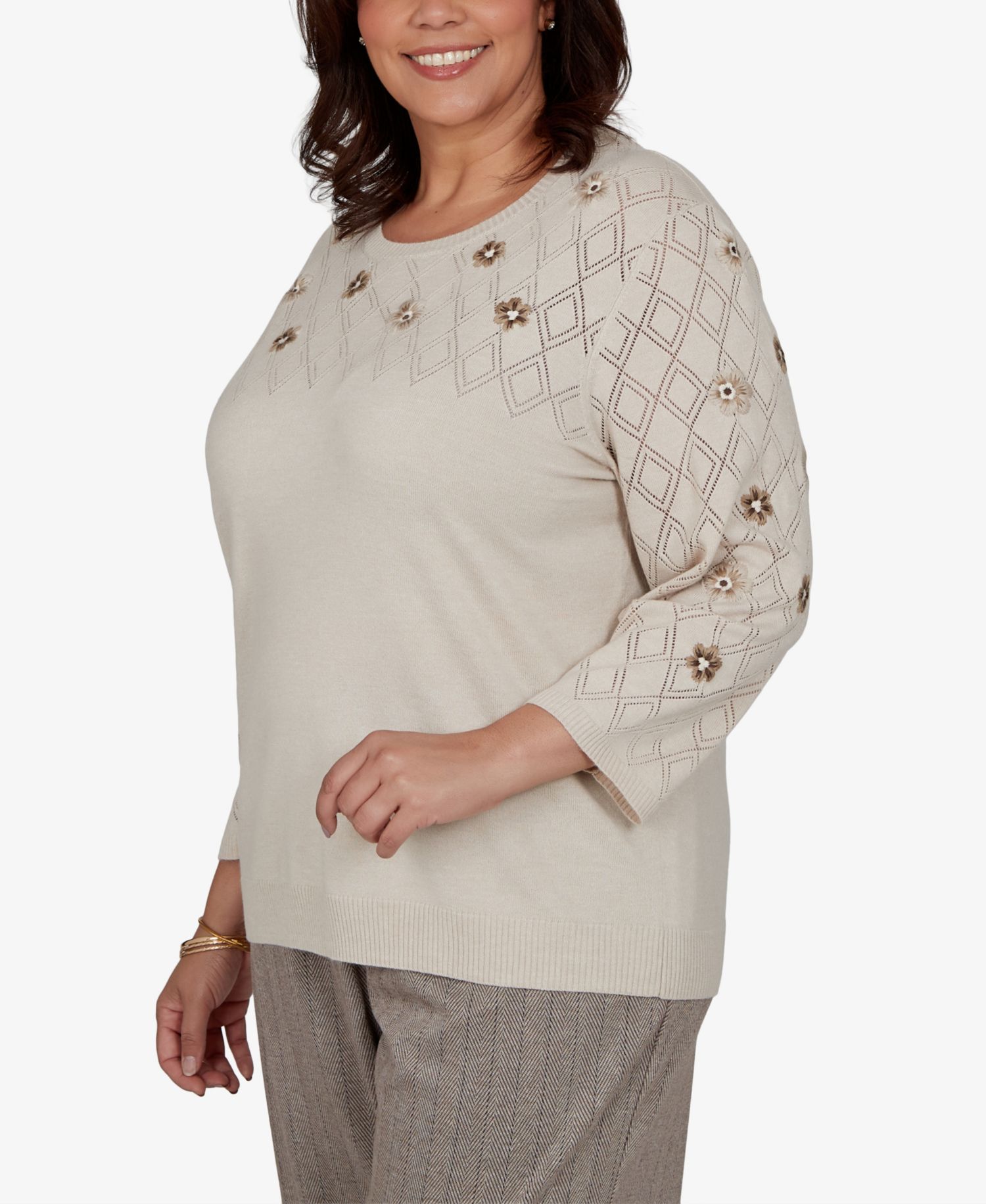 Plus Size 3/4-Sleeve Crewneck Pullover Sweater