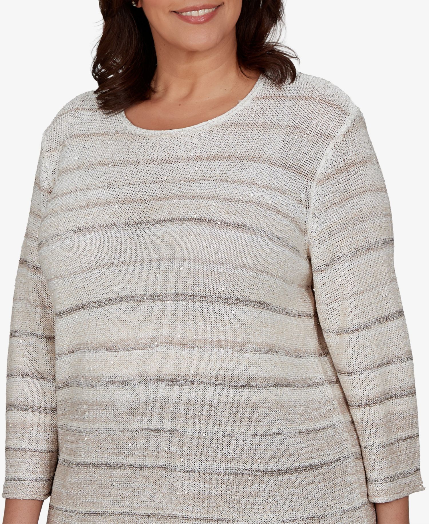 Plus Size Crew Neck 3/4-Sleeve Striped Sweater