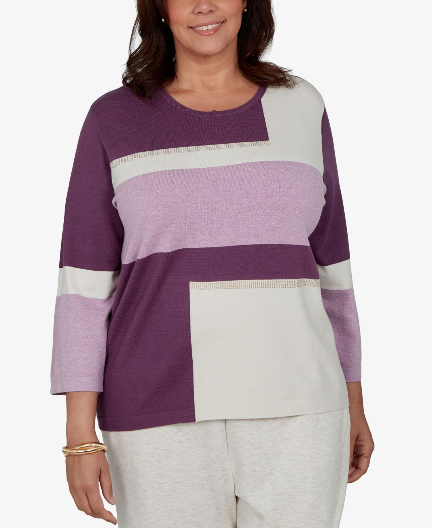 Plus Size 3/4-Length-Sleeve Colorblock Sweater