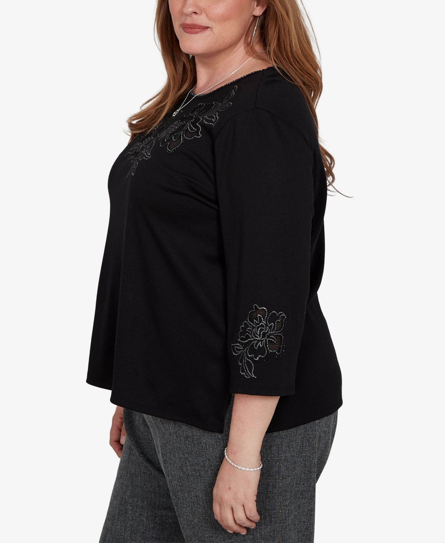 Plus Size Floral Scoop Neck 3/4-Sleeve Knit Top