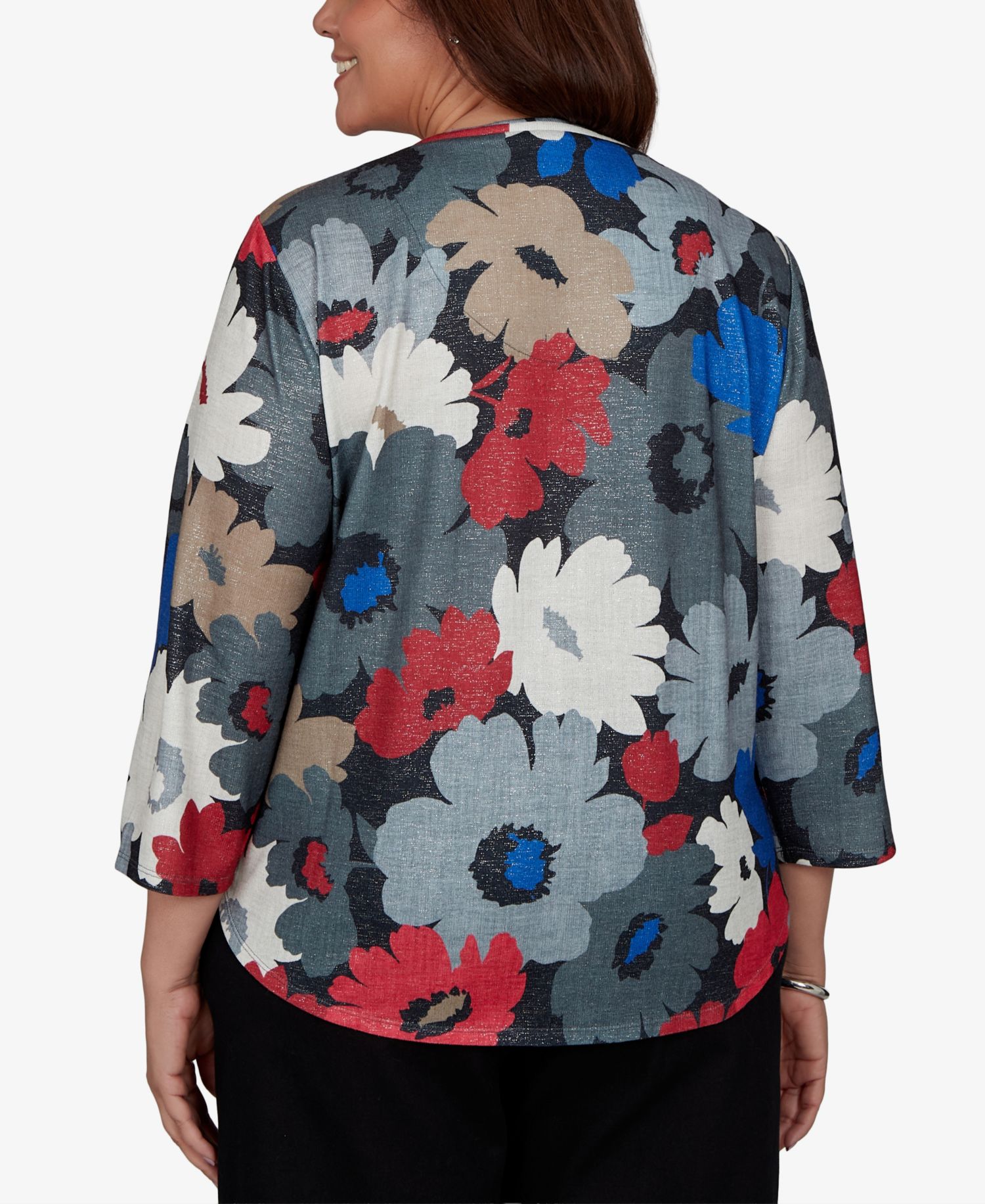 Plus Size Floral V-Neck 3/4-Sleeve Blouse