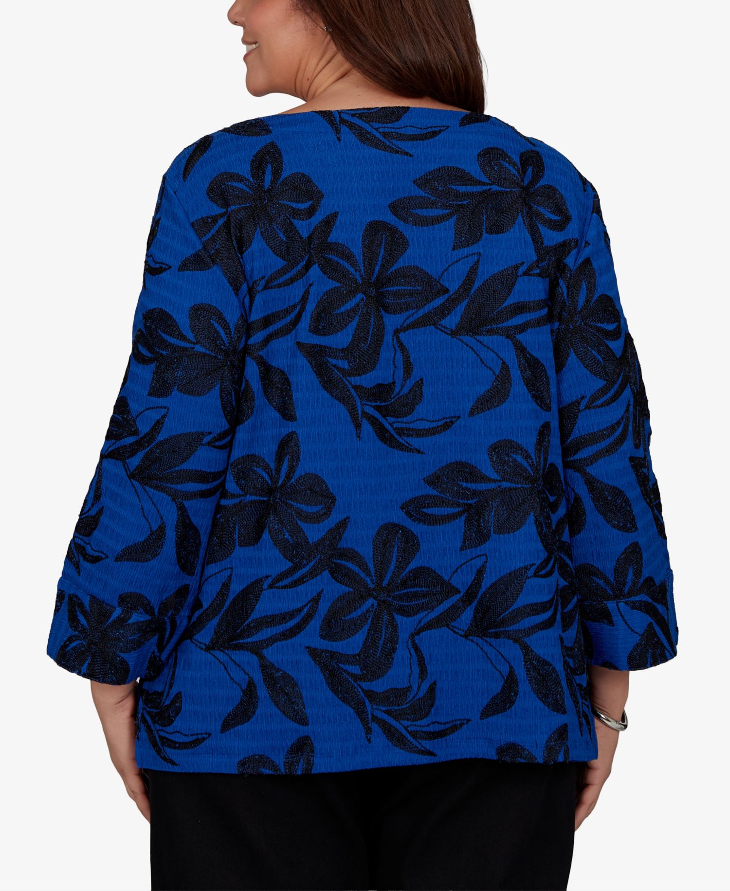 Plus Size Calm Luxe Floral Textured-Knit Boat Neck Blouse