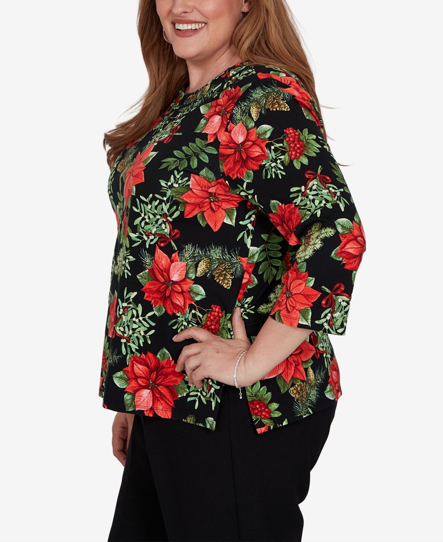 Plus Size Floral-Print 3/4-Sleeve Top