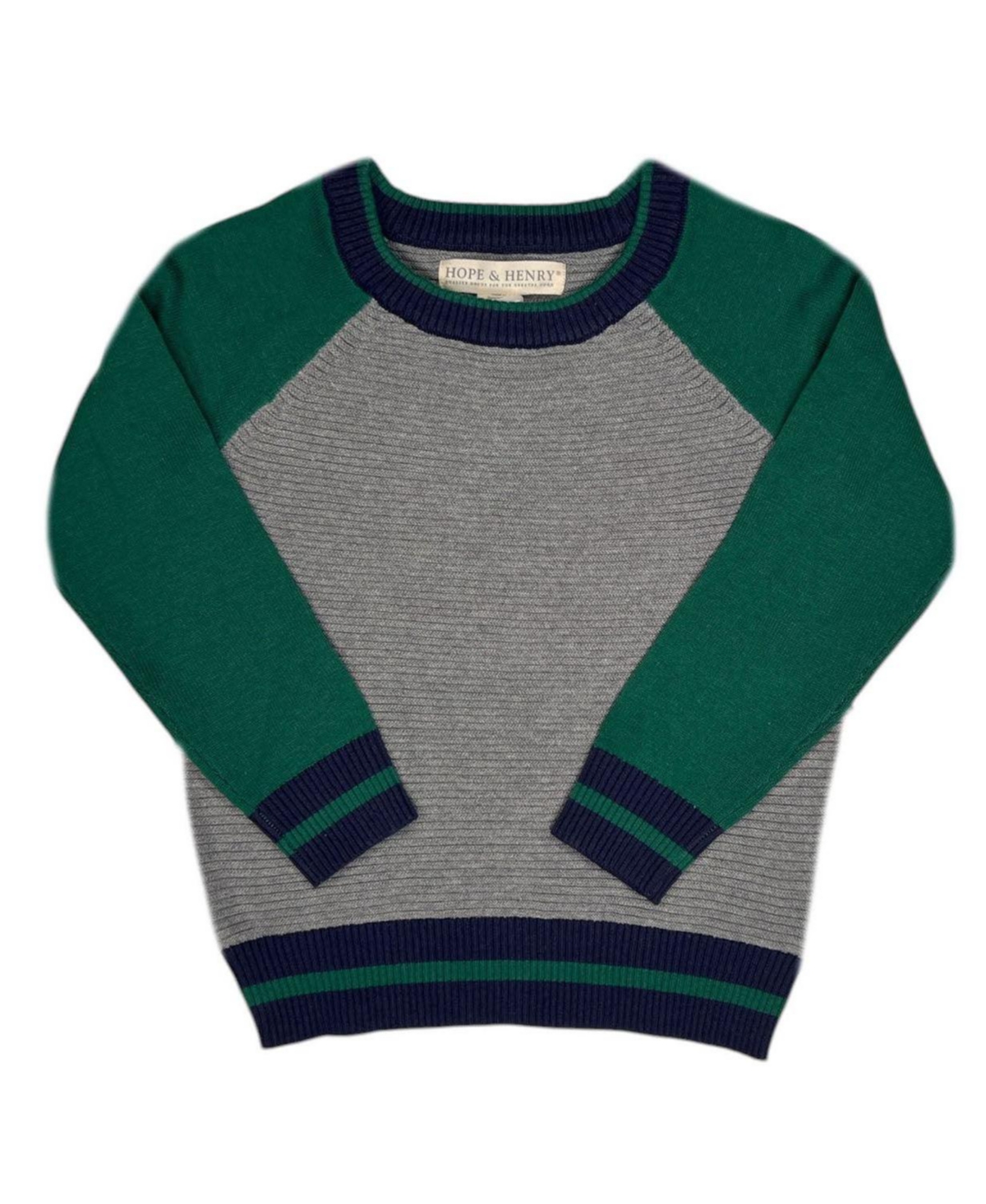 Hope & Henry Little and Big Boys' Organic Long Sleeve Raglan Sweater - Gray and green