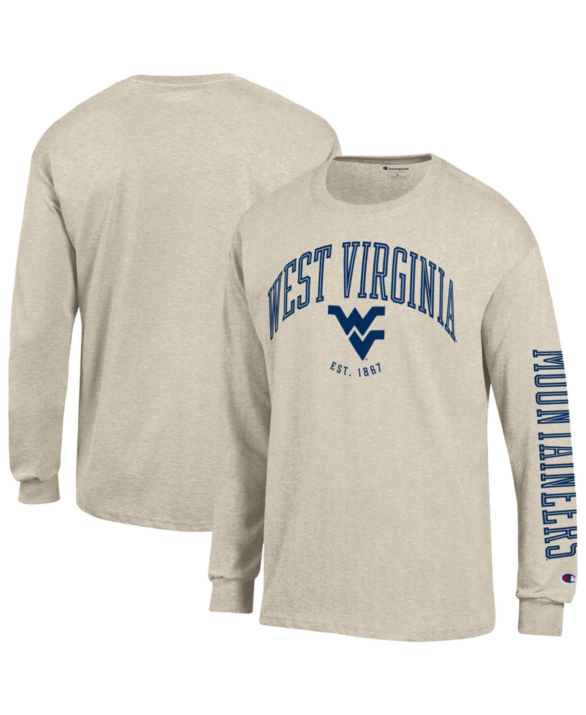 Champion Men's West Virginia Mountaineers Neutral Arch Long-Sleeve Crewneck T-Shirt - Oatmeal